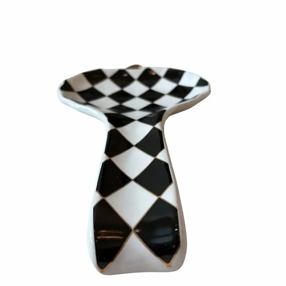 Black & White Harlequin Pumpkin Spoon Rest 10in Ceramic Checkered Halloween NEW